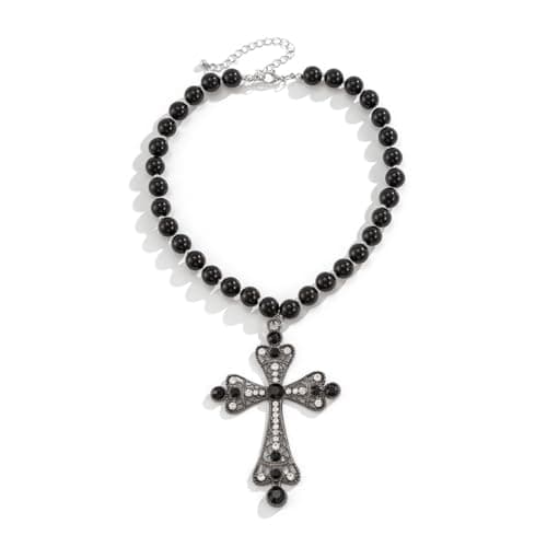 Image of Dishowme Crystal Pearl Cross Necklace Punk Faux Pearl Pendant Necklace Chain Vintage Rhinestone Crucifix Jewelry for Women (Black)