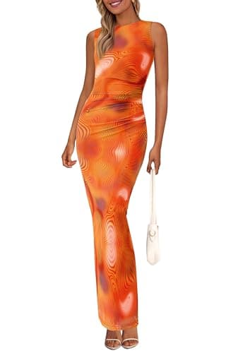 Image of PRETTYGARDEN Wedding Guest Dresses for Women 2025 Summer Resort Wear Sexy Floral Bodycon Sleeveless Mesh Maxi Long Dress, Print Orange, L