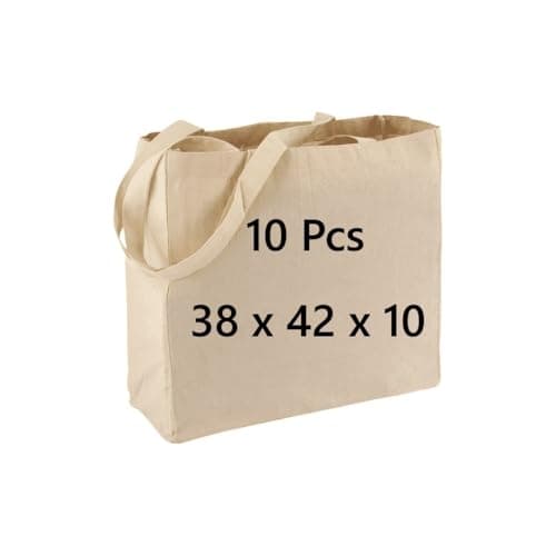 Image of COTTON BAGS PACK OF 10 100% Cotton, 38 x 42 x10 secured long handle with double and cross stitch, Eco Friendly Shoppers, natural cotton shopping tote bags for groceries, Natural reusable shopping bag