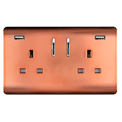 Image of Trendi 2 Gang Artistic Modern Glossy 13 Amp 2 x 3.1A USB Switched Plug Socket Copper