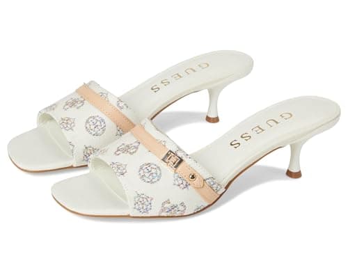 Image of GUESS Women's Peomit Heeled Sandal, White/Beige Rainbow Logo 140, 7 UK
