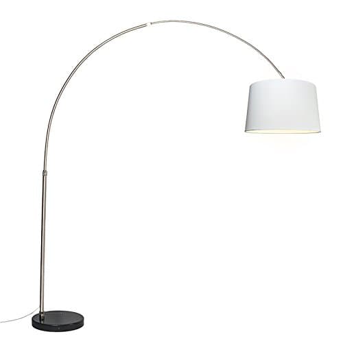 Image of Qazqa - Arc Floor Lamp I Arc Floor Light Steel I Nickel Matt I Satin Fabric Lampshade White 45 cm - XXL- - Modern - Suitable for LED E27 | 1 Light - Steel Arc lamp - Suitable for Living Room I