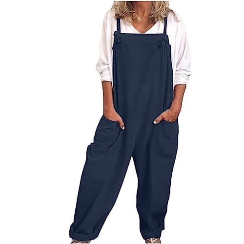Image of VPQILH Womens Cotton Linen Dungarees Ladies Sleeveless Jumpsuit Adjustable Straps Romper Solid Color Bib Overalls Loose Fit Bodysuit with Pockets Playsuit Summer Jumpsuits Size S-5XL Navy