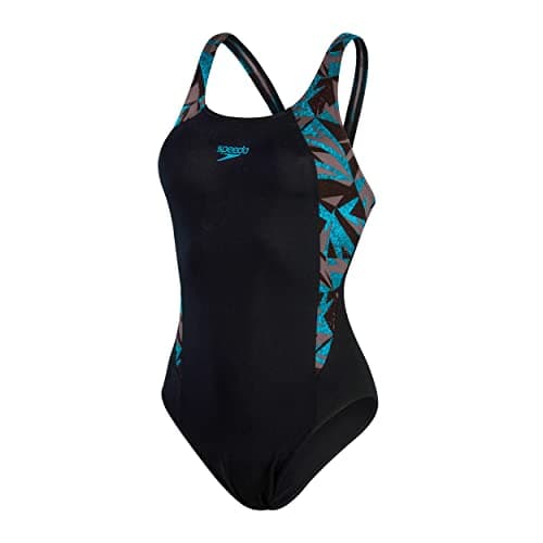 Image of Speedo Women's HyperBoom Splice Muscleback Swimsuit | Classic Design | Quick Drying | Training | Fitness | Chlorine Resistant, Black/Bolt/Dove Grey, 28