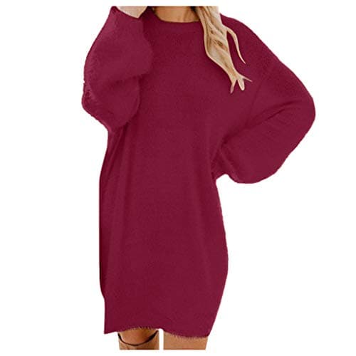 Image of Generisch Knitted Dress Women's Winter Knee-Length Turtleneck Knitted Mini Sweater Pocket Jumper Dress Women Sleeves Winter Grey Knitted Dress, Hot Pink, XL