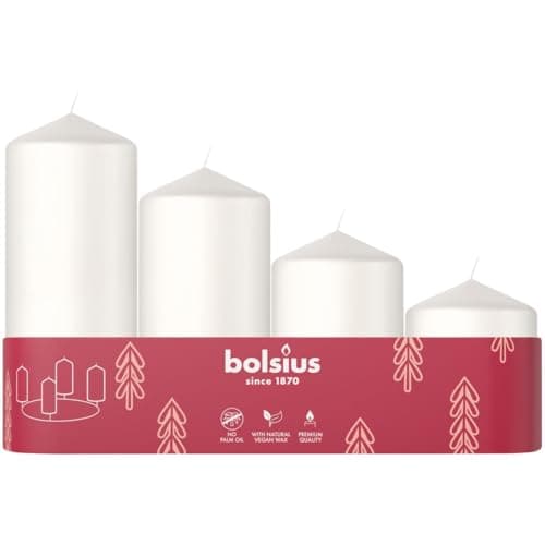 Image of Bolsius Smooth Pillar Candles - Set of 4 - Advent - White - Various Sizes 12-10-8-6 cm - Decorative Candles - Long Burning Time - Unscented - with Natural Plant Wax - Without Palm Oil - Ø48mm