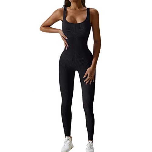 Image of JN JANPRINT Yoga Jumpsuit for Women Workout Gym Seamless Ribbed One Piece Square Neck Tummy Control Padded Sport Bra Jumpsuits