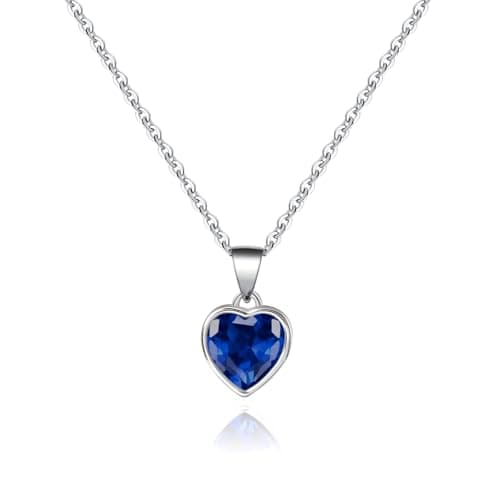 Image of Heart Pendant Necklace for Women, Blue Sapphire Crystal, Sterling Silver Chain, September Birthstone