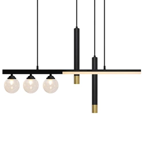 Image of LED Bar 5 Light Pendant Light Cluster Mini Glass Globes, Slim Tubular LED Lamp Shades, Black and Brass Suspended Ceiling Light H3135