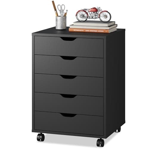 Image of DEVAISE Mobile File Cabinet 5 Drawers, Wood Under Desk Drawers with Wheels for Home Office Storage Printer Stand, Black