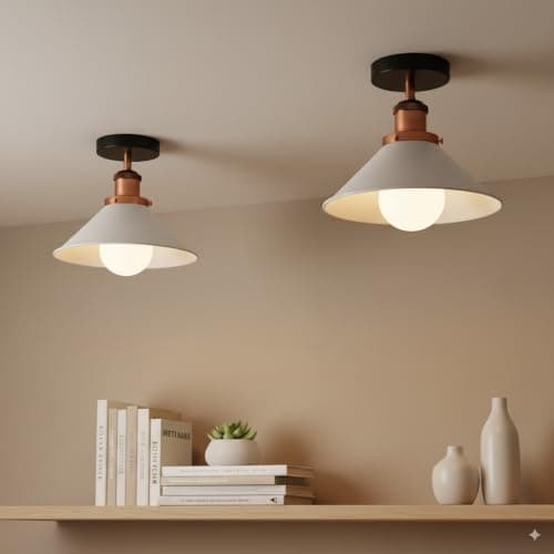 Image of DC VOLTAGE Vintage Flush Mount Ceiling Light 2 Pack 22cm White Metal Cone Lampshade E27 Base Ceiling Lighting Fixture for Bedroom,Dining Room,Kitchen, Hallway Bulbs are Included