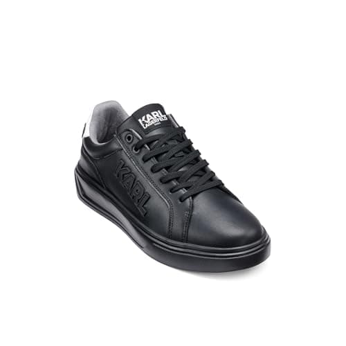 Image of KARL LAGERFELD Men's Lace Up Leather Sneaker with Logo Patch, Black, 10.5