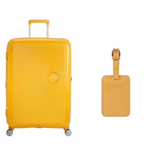 Image of American Tourister Soundbox Hard Shell Suitcase 77 cm Large Yellow with Luggage Tags, Papaya pop