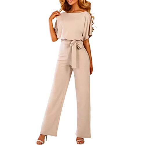 Image of HAOLEI Women's Jumpsuits & Playsuits UK Elegant Loose Fit Boat Neck Jumpsuit Ladies Dungarees Short Sleeve Romper Wide Leg Bib Overalls Clubwear Straight Trousers Pants Playsuit with Belt Party Beige