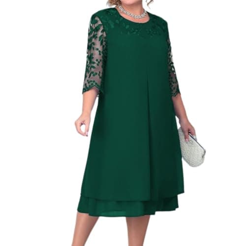 Image of OBEEII Women's Plus Size Chiffon Dress Half Sleeve Round Neck Floral Embroidery Party Wedding Guest Cocktail Dress UK Dark Green 4XL