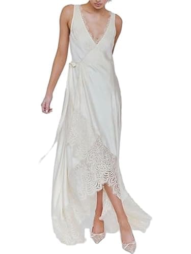 Image of SANSIWU Summer Satin Lace Slip Maxi Dresses for Women V Neck High Low Hem Asymmetrical Sheer Flowy Split Long Dress (Ivory, M)