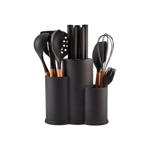 Image of Karaca Burby 14-Piece Kitchen Knife Set with Block & Kitchen Utensil Set with Holder & Wooden Handles, Chef, Slicing, Bread Knives & Essential Cooking Tools, Black