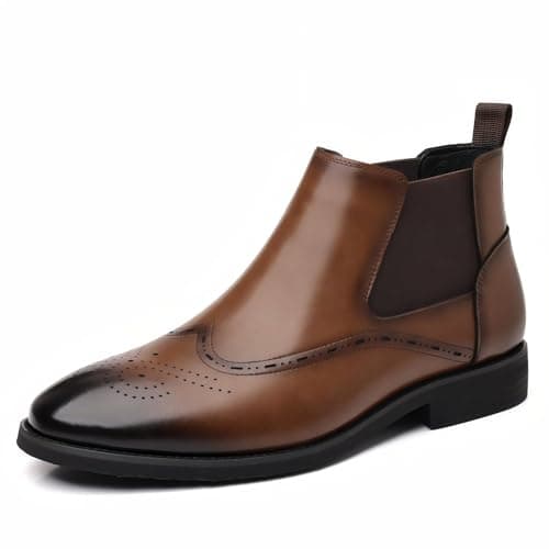 Image of Pradize Men’s Brown PU Leather Chelsea Boots With Brogue Detailing And Low Heel (Dark brown, 43=UK-9)