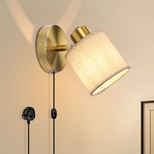 Image of Winverty Gold Plug in Wall Light with Switch, Dimmable Vintage Wall Lamp with Fabric Shade 350° Rotatable, E27 Bedside Wall Sconce Lights for Bedroom Living Room
