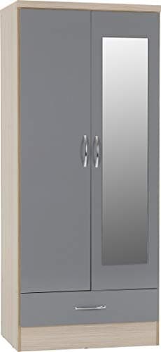 Image of Seconique Nevada Mirrored 2 Door Wardrobe in Grey Gloss/Light Oak Effect Veneer
