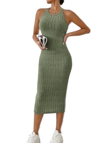 Image of Sthxyfaith Womens Summer Dress Rib Sleeveless Knit Striped Print Halter Neck Bodycon Mini Dress Wedding Guest Dresses for Women Green Small