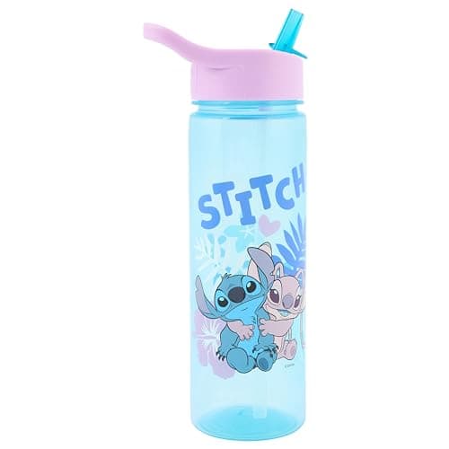 Image of Disney Stitch Water Bottle Flip Up Straw 600ml – Official Merchandise by Polar Gear – Kids Reusable Non Spill - BPA Free - Ideal For School Nursery Sports Picnic