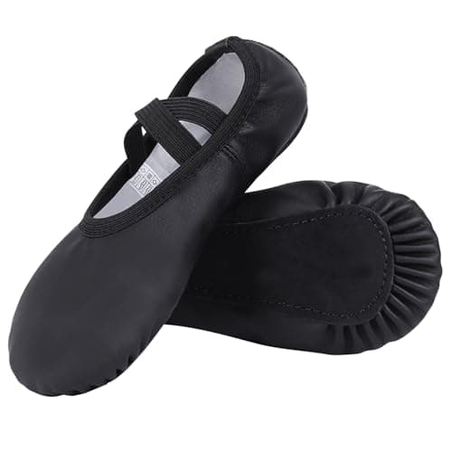 Image of Acfoda Ballet Shoes for Girls PU Leather Full Sole Dance Flats with Elastic Straps Ballerina Slippers Gymnastics Yoga Women Adults Black 5 UK
