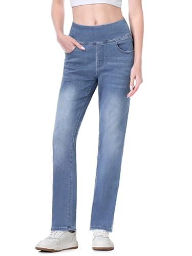 Image of Chasehot Pull on Jeans for Women, High Waisted Stretchy Trendy Straight Bootcut Elastic Waist Tummy Control Tapered Denim Jeggings Medium Blue-XL