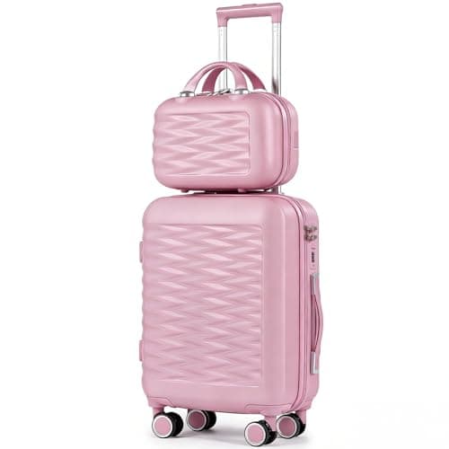 Image of H.yeed 20 Inch Cabin Suitcase with 12 Inch Vanity Case Lightweight ABS Hard Shell Suitcase Trolley Luggage Travel Case with Spinner Wheels (Pink, 2 pc Set)