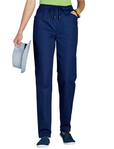 Image of Chums Ladies Cotton Trousers with Elasticated Drawcord Waist, Lightweight 100% Cotton Casual Trousers with Pockets Navy 10 Long