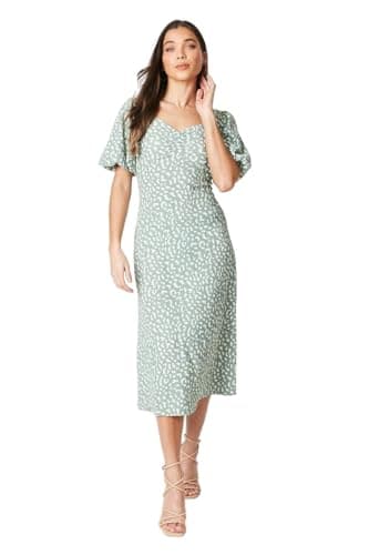 Image of Dorothy Perkins Petite Green Animal Ruched Front Puff Sleeve Jersey Midi Dress, 6, Green
