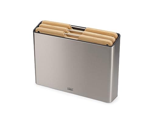 Image of Joseph Joseph Folio Premium Chopping Board Set, Slimline Case for Organised Kitchen Storage, Large, Stainless Steel and Bamboo Wood