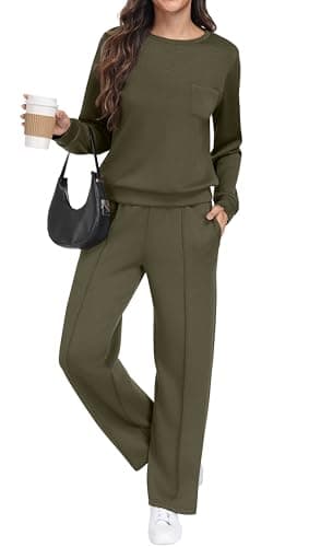 Image of GRECERELLE Tracksuit Womens Full Set Autumn Long Sleeve Lounge Wear Sets for Women Two Piece Outfits Activewear Casual Crew Neck Pullover Tops and Jogging Bottoms with Pockets (Army Green, XL)