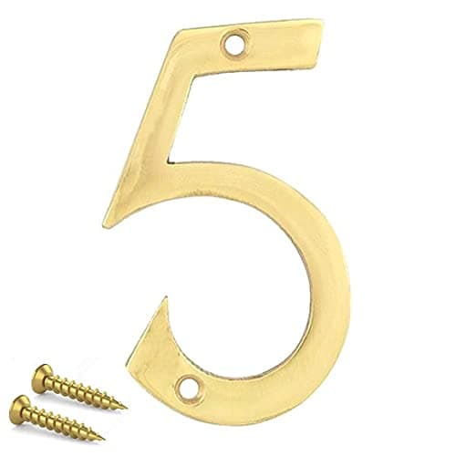 Image of TERF® 3 Inch (75mm) Brass Polished Finish Screw Fix Front Door Number '' 5 '' Mailbox Hotel House Door Number Suitable for All Door Types Wooden, u PVC and Composite With Fixing Screw [ Number - 5 ]