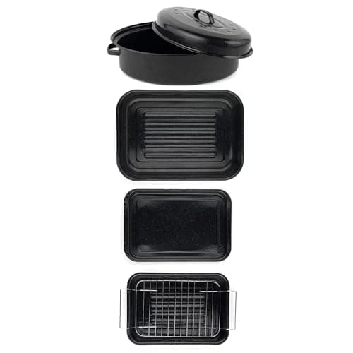 Image of Russell Hobbs COMBO-8074A Romano Vitreous Enamel Roasting Oven & Baking Tray Set of 4, Dishwasher Safe, Non-Stick Roaster & Rack, Deep Roasting Tin, Baking Tray & Self Basting Roaster with Lid