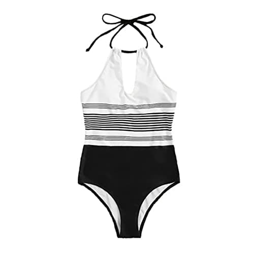 Image of Women's 1 Piece Swimsuit Halter Ring Bikini Set with Cover Up Skirt, black, M