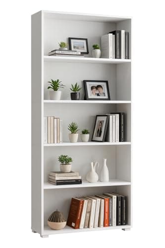 Image of CASARIA® Vela 5 Tier Bookcase | Wooden Bookshelf | Modern Storage Rack Organiser | Shelving for Books | Tall Free Standing Book Case Cabinet Shelf Unit | 190x60x28 cm | White
