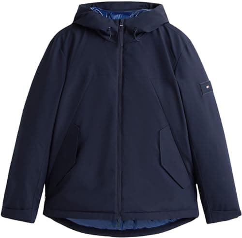 Image of Tommy Hilfiger Men's Short Tech Hooded Water Repellent Windbreaker, Blue (Desert Sky), L