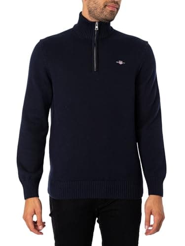 Image of GANT Mens Cotton Half Zip Cream Sweater Navy M