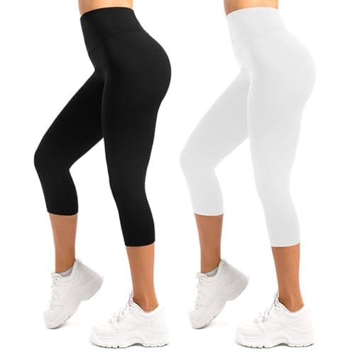Image of SINOPHANT 2 Pack Capri Leggings for Women-Buttery Soft High Waisted Yoga Pants for Workout Athletic White L-XL
