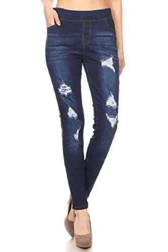 Image of Jvini Women's Stretch Pull-On Skinny Ripped Distressed Denim Jeggings Regular-Plus Size - Black - Large