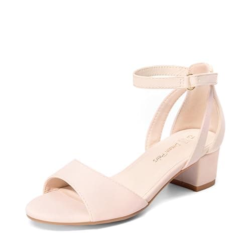 Image of DREAM PAIRS Girls Sandals Chunky Pump Ankle Strap High Heels Dress Open Toe Flower Wedding Party for Little Big Kid,Size 4 Big Kid,Nude,KKUMHS2505