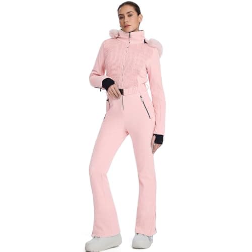 Image of HOTIAN Women's One-Piece Ski Suits, Ski Overall, Waterproof, Windproof, Women's Snowsuit, Warm Winter Jumpsuit, Snowboard Ski Suit with Hood, pink, L