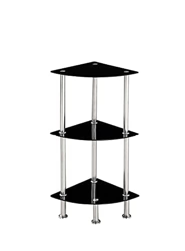 Image of Modernique Glass Shelf Tier Storage Unit, Corner in Black or Clear Glass with Chrome Stand, Shelving Unit (Black, Tier 3)