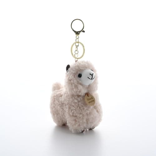 Image of Tapufitil Alpaca Plush Keychain, 12cm Cute Llama Stuffed Toy with Golden Key Ring, Soft Plush Pendant for Bag, Backpack & Keys (Khaki)