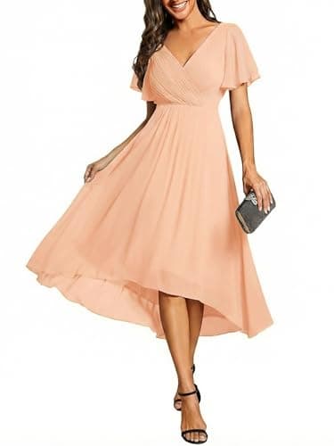 Image of Ever-Pretty Women's Formal Wedding Guest Dress V-Neck Ruffle Sleeve Chiffon Gown with Flowy High-Low Hem in Bridesmaid Prom Peach 14