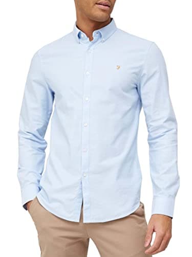 Image of Farah - Men's Oxford Shirt, Brewer Slim Fit Organic Cotton, Long Sleeve, Casual or Work Shirt, Sky Blue, L