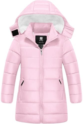 Image of Pursky Girl's Lightweight Winter Coat Sherpa Lined Long Puffer Jacket Waterproof Warm Quilted Parka with Hood, Pink, 8