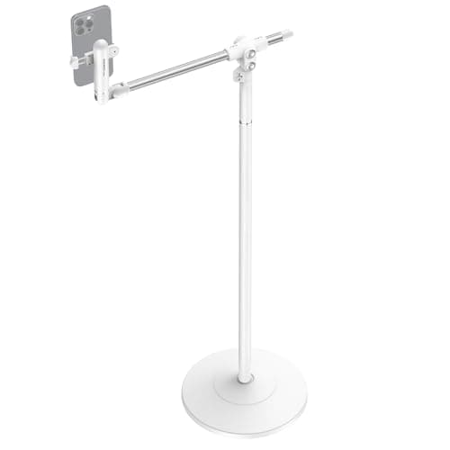 Image of NEEWER BASICS Phone Floor Stand with Horizontal Extension Arm, Adjustable Cell Phone Holder Clamp Mount Compatible with iPhone Samsung for Video Recording Bed Lying Down, Weighted Base, ST009 White