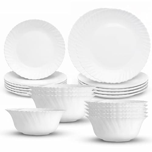 Image of HOMSMYTH 21 Piece Opal Dinner Sets for 6 People – White Glass Opal Dinnerware Set with 10” Dinner Plates, 8.5” Side Plates, 9” Deep Bowls & 7” Soup Bowls | Microwave & Dishwasher Safe Modern Tableware